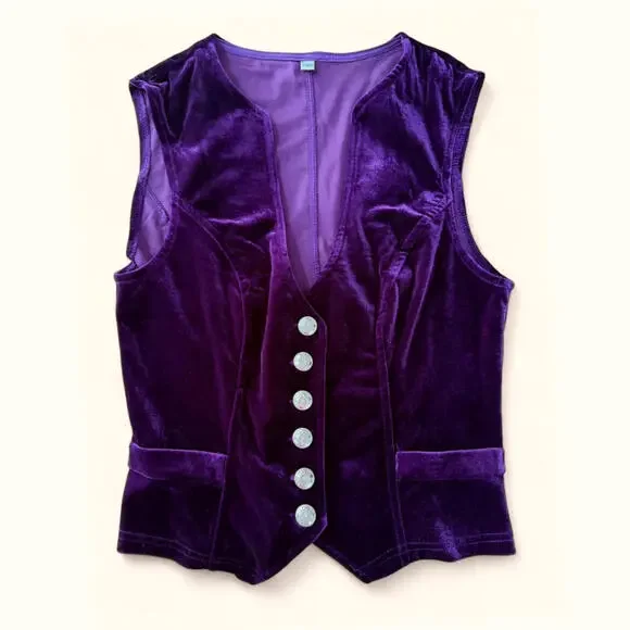 STUNNING! NEW Vintage Y2K Retro S-XL Velvet Rich Purple Boho Button-Up Vest Top - Picture 4 of 9